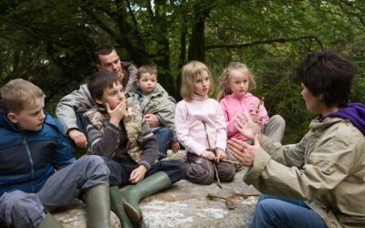 Guide explains something to family group