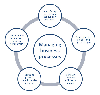 Diagnose and analyse your business' processes, then streamline them and make things more effective. Diagram detailing key elements of managing business processes.