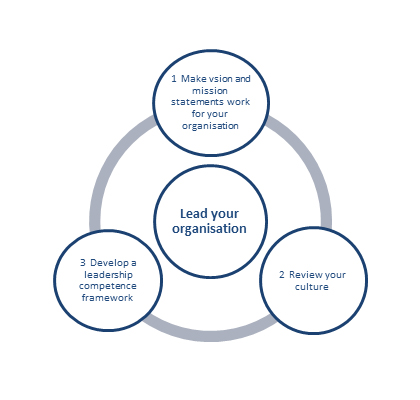 There are three elements of good organisational leadership. Lead your organisation graphic