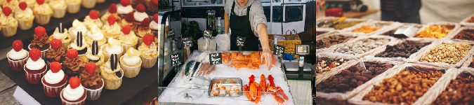 cupcakes, fish stall, nuts in baskets