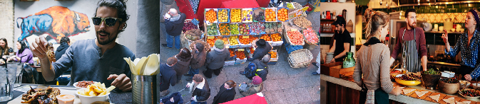 Man eating at urban restaurant, temple bar food market, fumballys