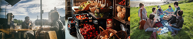 Friends eating, a fresh veg shop, a group enjoying a picnic.