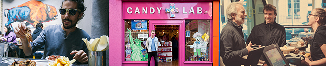 Man eating fish and chips. front of the Candy Lab, Dublin, and customers in Clement and Pekoe