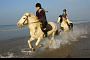 Two horsemen gallop along beach