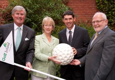 GolfAmbassador_Min_chair_flinter Pictured today at Fáilte Ireland where Minister for Tourism, Culture and Sport announced that Padraig Harrington would be the new golf ambassador for Fáilte Ireland was (l-r) Redmond O Donoghue, Chairman, Fáilte Ireland, Mary Hanafin TD, Minister for Tourism, Culture and Sport, three times Major winner Padraig Harrington and Chairman of the Golf Forum, Dan Flinter.