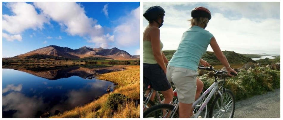 View of mountains and two tourists on bikes