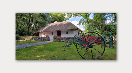 Thatched cottage with farm wheel in foreground