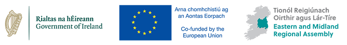 Three logos, from left to right the government of Ireland logo, the European Union logo and the Eastern and Midland Regional Assembly logo