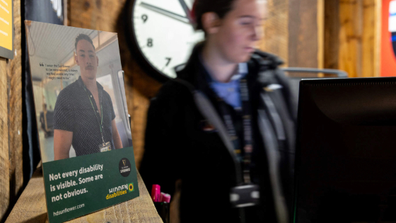 Blurred photo of a woman at a computer with a poster on the desk with text reading not every disability is visible. Some are not obvious.